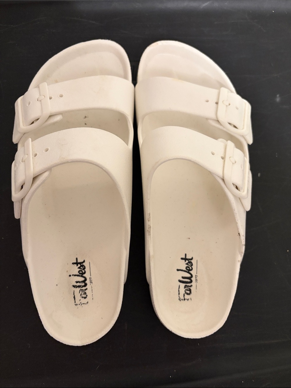 Faux Birkenstock-Style White Dual-Buckle Slide Sandals